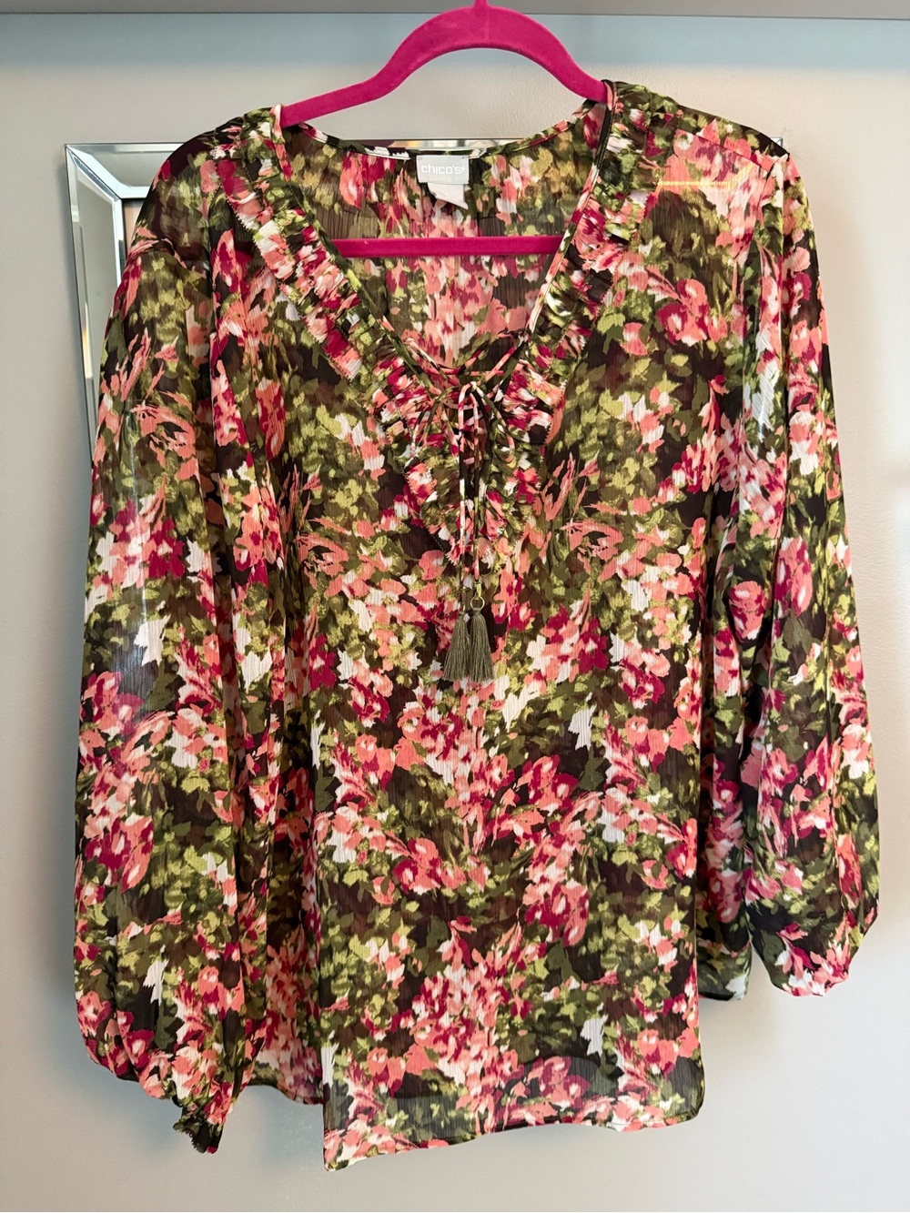 Chico's Floral Tie-Front Peasant Blouse in Pink & Olive
